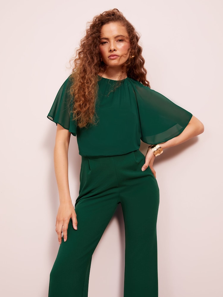 Friends Like These Green Chiffon Flutter Sleeve Wide Leg Jumpsuit - Image 4 of 4 Friends Like These Green Chiffon Flutter Sleeve Wide Leg Jumpsuit - Image 4 of 4