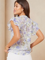 Lipsy Blue Ruffle Sleeve V Neck Tie Front Blouse - Image 2 of 4