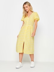 PixieGirl Petite Yellow 100% Cotton Gingham Print Button Through Midi Dress - Image 2 of 5