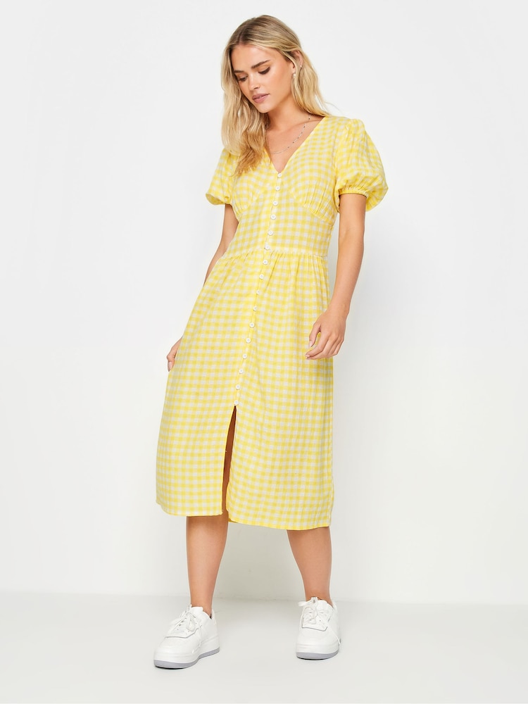 PixieGirl Petite Yellow 100% Cotton Gingham Print Button Through Midi Dress - Image 2 of 5