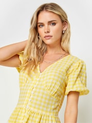 PixieGirl Petite Yellow 100% Cotton Gingham Print Button Through Midi Dress - Image 4 of 5