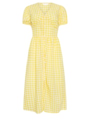 PixieGirl Petite Yellow 100% Cotton Gingham Print Button Through Midi Dress - Image 5 of 5