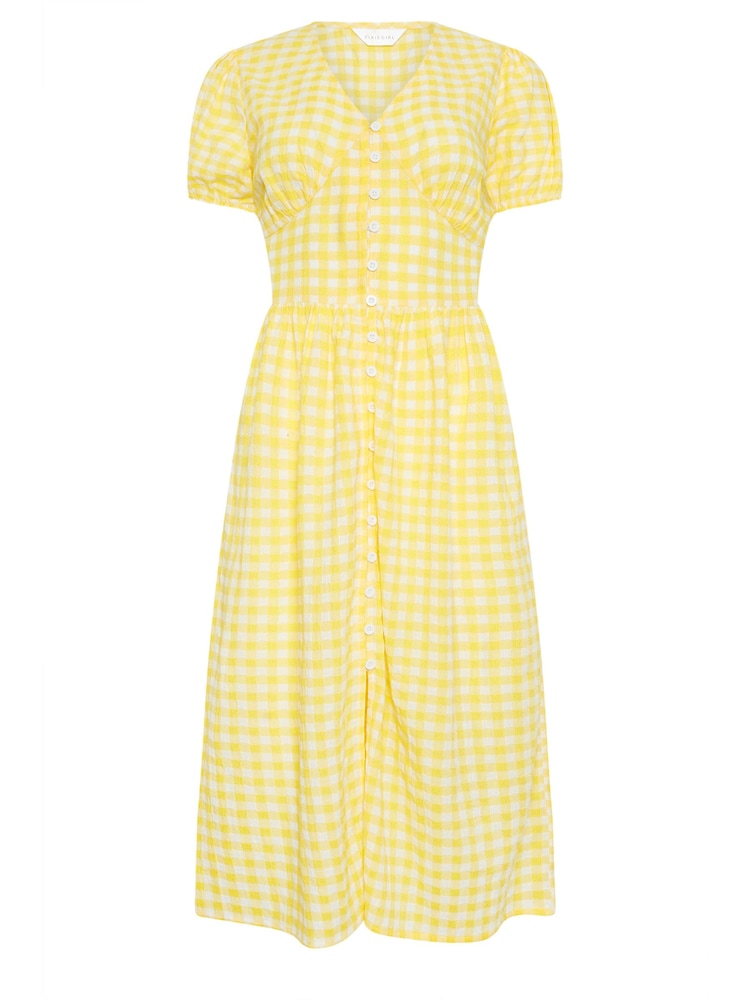 PixieGirl Petite Yellow 100% Cotton Gingham Print Button Through Midi Dress - Image 5 of 5