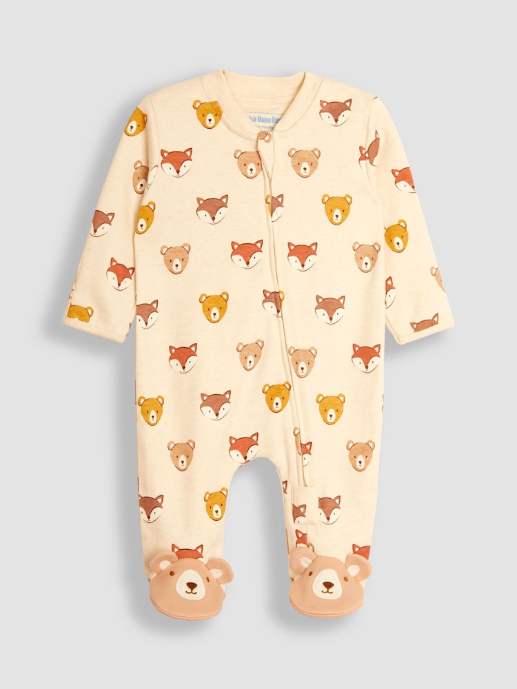 JoJo Maman Bébé Natural Woodland Print Zip Cotton Baby Sleepsuit - Image 1 of 3