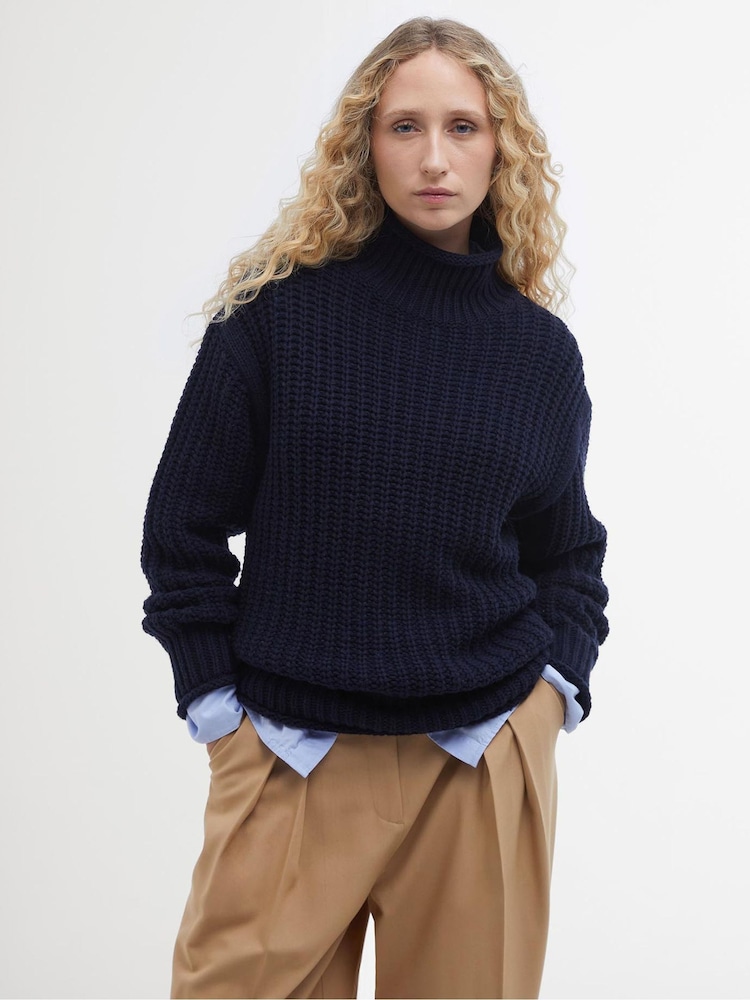 Barbour® Navy Rockliffe Rib Knitted Funnel Neck Jumper - Image 1 of 6 Barbour® Navy Rockliffe Rib Knitted Funnel Neck Jumper - Image 1 of 6