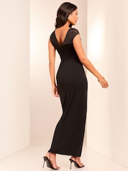 Lipsy Black Petite Lace Applique Ruched Mesh Maxi Dress - Image 4 of 4