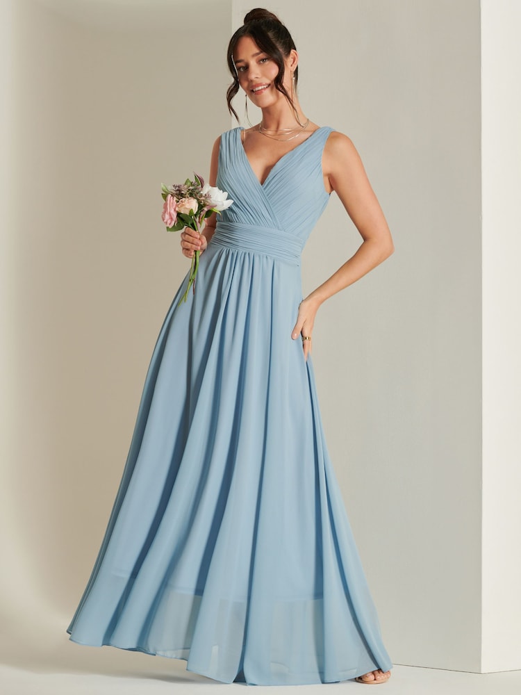Jolie Moi Blue Pleated Bodice Chiffon Maxi Dress - Image 1 of 6