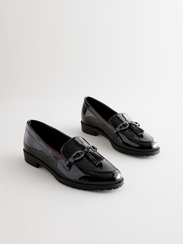 Buy Black Patent Tassel Hardware Detail Loafers from Next USA display picture 2