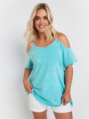 Yours Curve Blue Chrome Cold Shoulder T-Shirt - Image 1 of 5