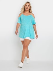 Yours Curve Blue Chrome Cold Shoulder T-Shirt - Image 2 of 5