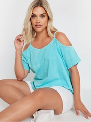 Yours Curve Blue Chrome Cold Shoulder T-Shirt - Image 4 of 5