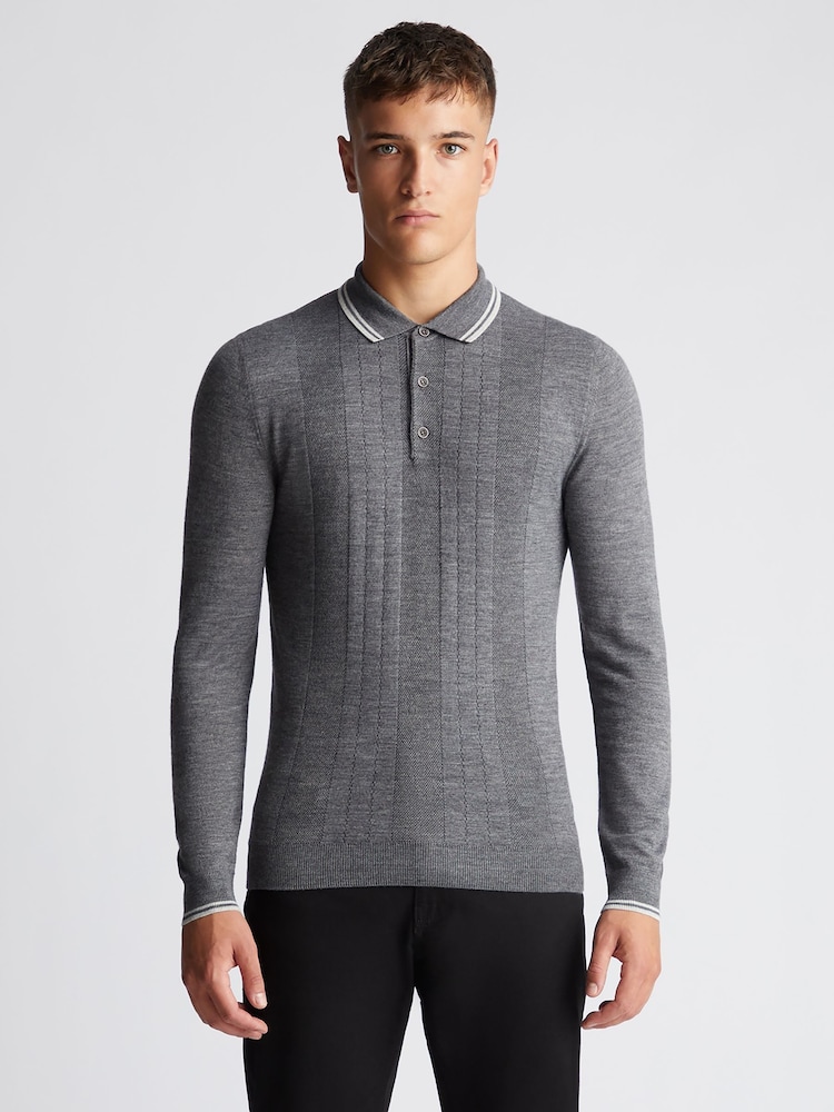 Remus Uomo Grey Long Sleeve Knitted Tipped Polo Shirt - Image 1 of 6 Remus Uomo Grey Long Sleeve Knitted Tipped Polo Shirt - Image 1 of 6