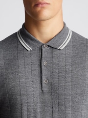 Remus Uomo Grey Long Sleeve Knitted Tipped Polo Shirt - Image 3 of 6