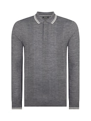 Remus Uomo Grey Long Sleeve Knitted Tipped Polo Shirt - Image 6 of 6