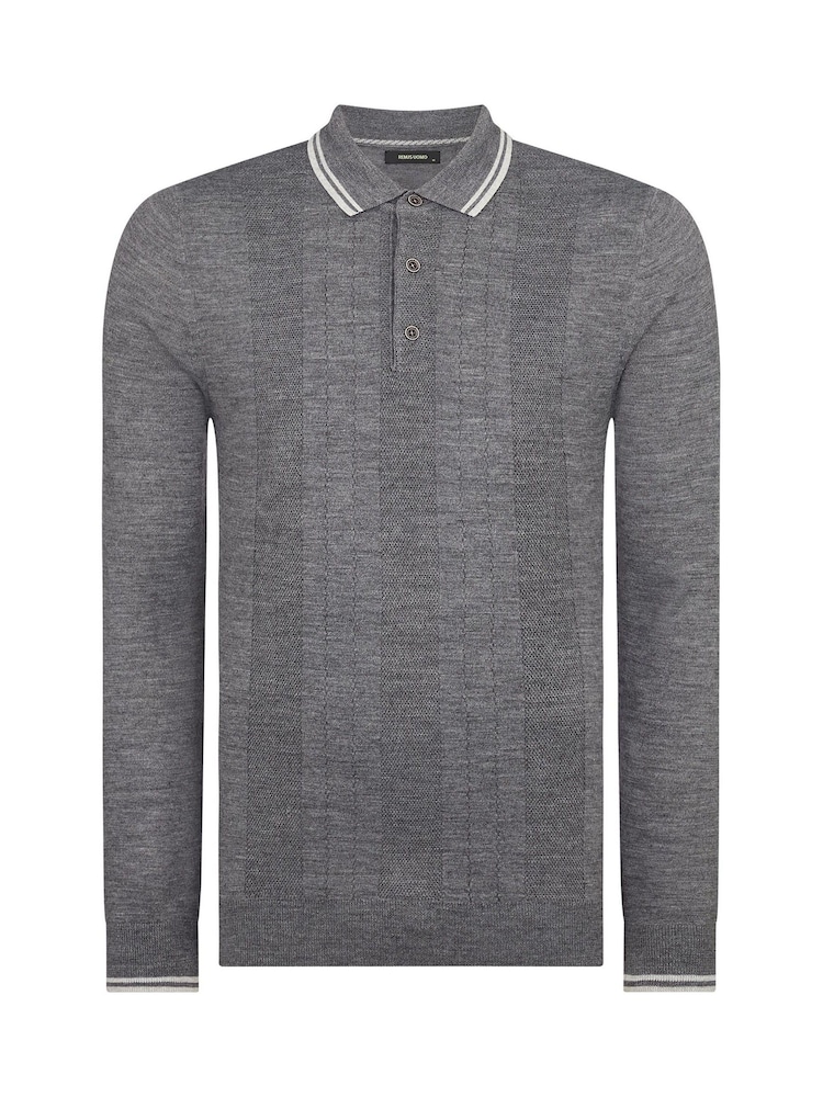 Remus Uomo Grey Long Sleeve Knitted Tipped Polo Shirt - Image 6 of 6 Remus Uomo Grey Long Sleeve Knitted Tipped Polo Shirt - Image 6 of 6