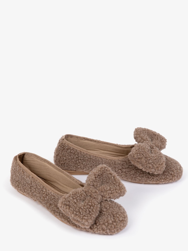Penelope Chilvers Celeste Shearling Bow Mink Brown Slippers - Image 2 of 4
