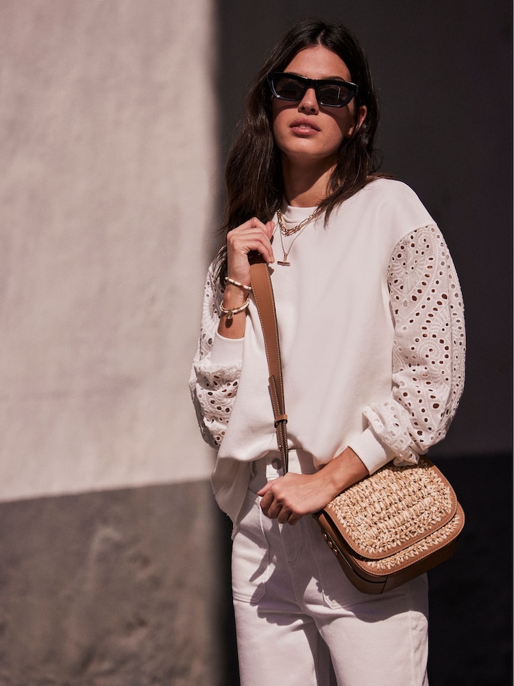 Mint Velvet White Broderie Sweatshirt - Image 1 of 4 Mint Velvet White Broderie Sweatshirt - Image 1 of 4