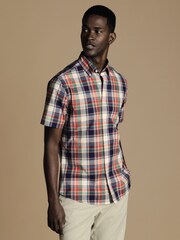 Charles Tyrwhitt Red Check Sf Short Sleeve Noniron Stretch Poplin Slub 100% Cotton Shirt - Image 1 of 6