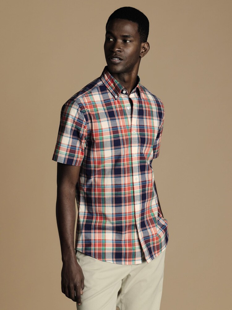 Charles Tyrwhitt Red Check Sf Short Sleeve Noniron Stretch Poplin Slub 100% Cotton Shirt - Image 1 of 6
