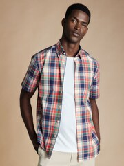 Charles Tyrwhitt Red Check Sf Short Sleeve Noniron Stretch Poplin Slub 100% Cotton Shirt - Image 2 of 6