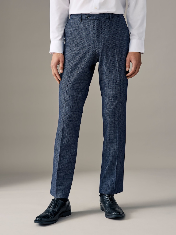 Navy Blue Check Slim Fit Poly Wool Blend Trousers - Image 1 of 4