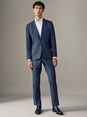 Navy Blue Check Slim Fit Poly Wool Blend Trousers - Image 3 of 4