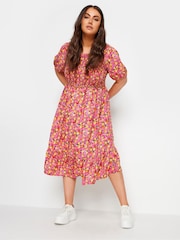 Yours Curve Pink Limited Shirred Puff Sleeve Tie Midaxi Dress - Image 1 of 5