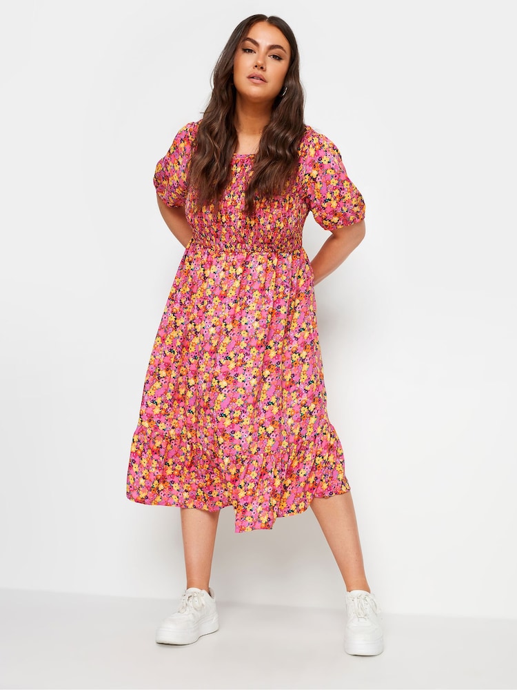 Yours Curve Pink Limited Shirred Puff Sleeve Tie Midaxi Dress - Image 1 of 5