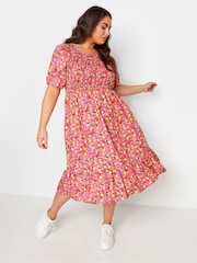 Yours Curve Pink Limited Shirred Puff Sleeve Tie Midaxi Dress - Image 2 of 5
