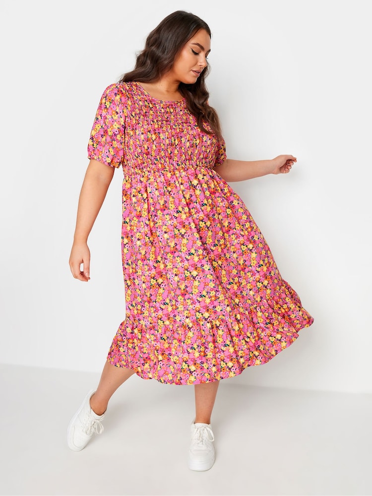 Yours Curve Pink Limited Shirred Puff Sleeve Tie Midaxi Dress - Image 2 of 5