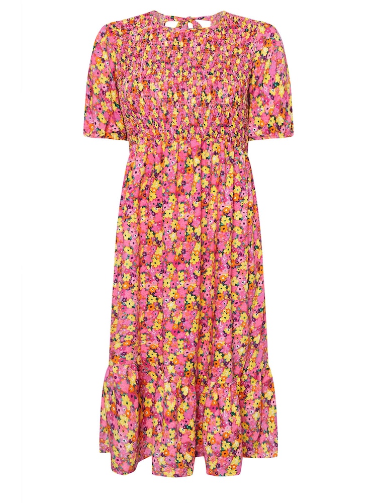 Yours Curve Pink Limited Shirred Puff Sleeve Tie Midaxi Dress - Image 5 of 5