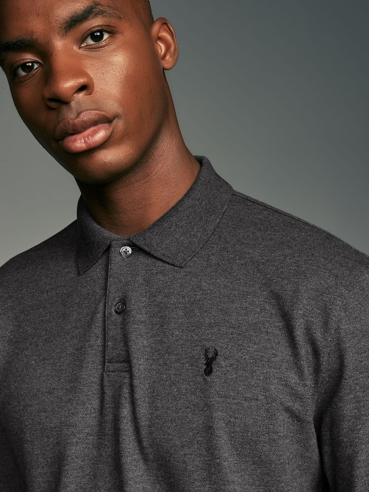 Charcoal Grey Marl Long Sleeve Pique Polo Shirt - Image 1 of 7