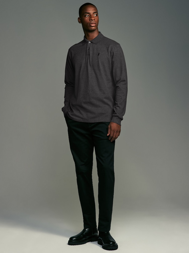 Charcoal Grey Marl Long Sleeve Pique Polo Shirt - Image 2 of 7
