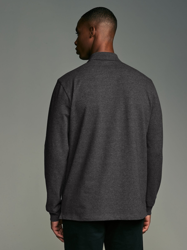 Charcoal Grey Marl Long Sleeve Pique Polo Shirt - Image 3 of 7