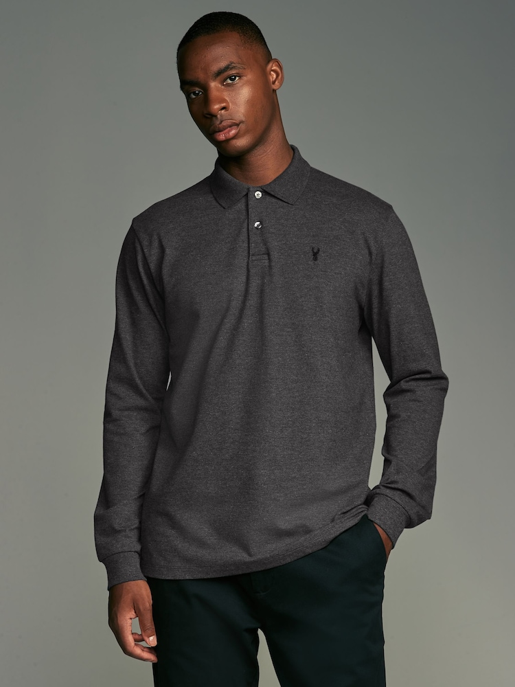 Charcoal Grey Marl Long Sleeve Pique Polo Shirt - Image 4 of 7
