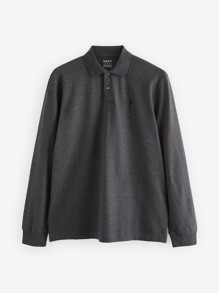 Charcoal Grey Marl Long Sleeve Pique Polo Shirt - Image 5 of 7