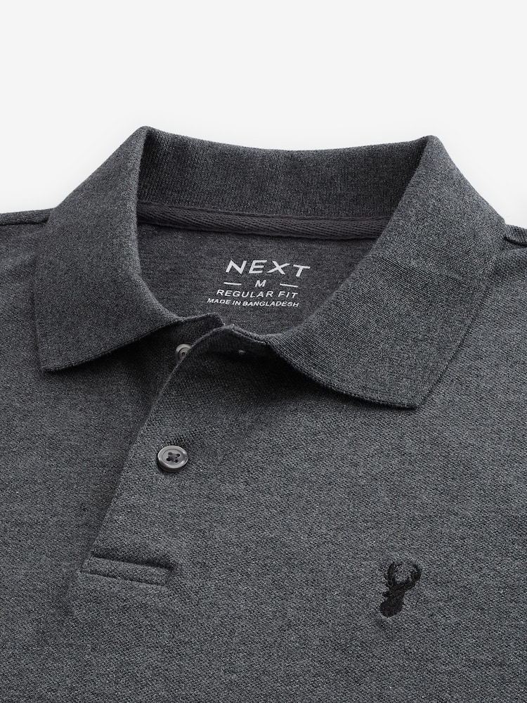 Charcoal Grey Marl Long Sleeve Pique Polo Shirt - Image 7 of 7
