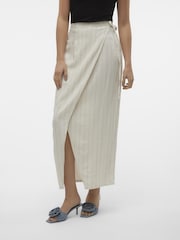 VERO MODA Cream Striped Long Linen Wrap Skirt - Image 3 of 5