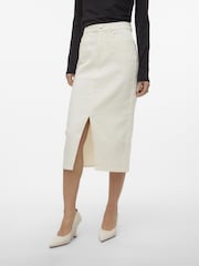 VERO MODA White Denim Midi Skirt with Front Split - Image 1 of 6