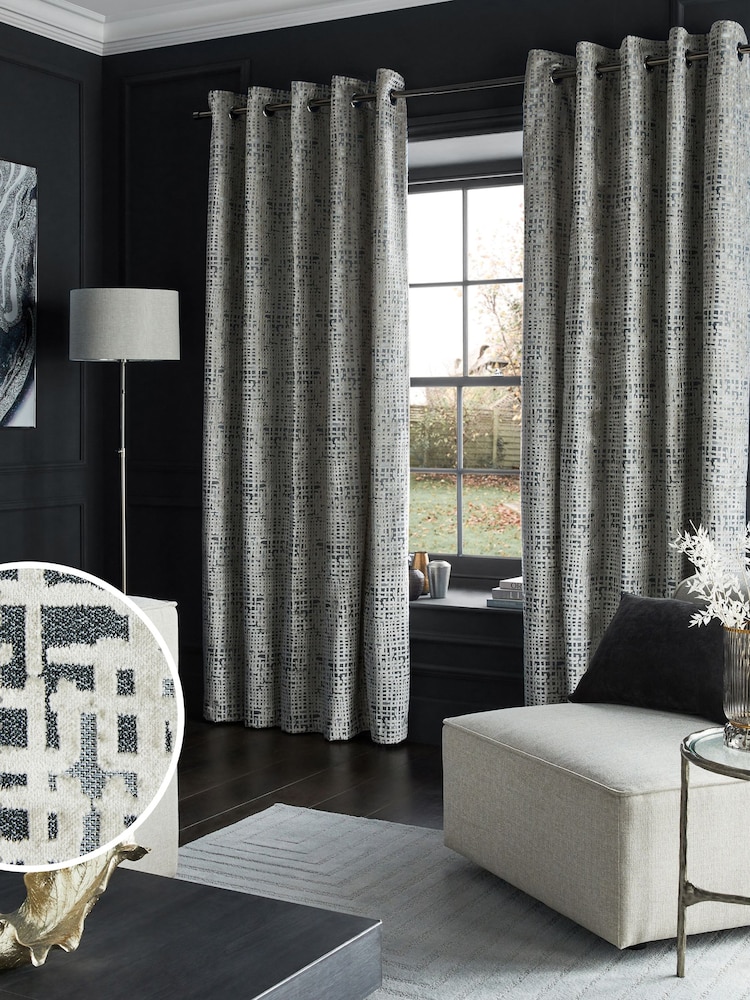 Silver Collection Luxe Heavyweight Cut Velvet Abstract Eyelet Lined Curtains - Image 2 of 4