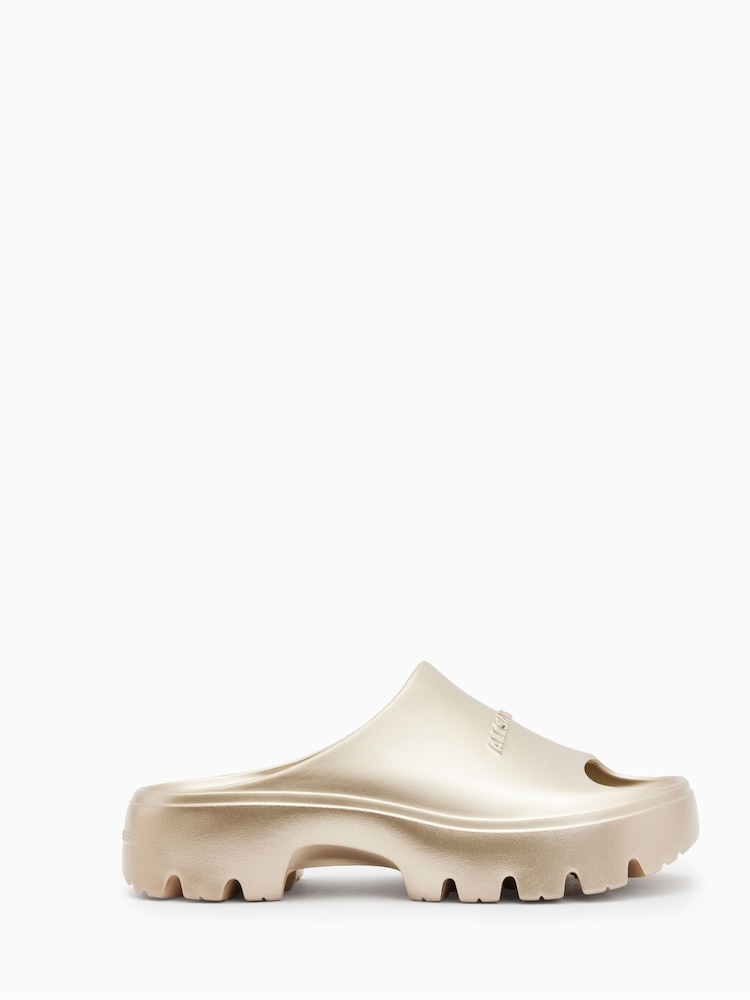 AllSaints Gold Eclipse Flatform Sliders - Image 1 of 5