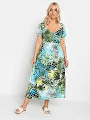 Yours Curve Blue Leaf Print Wrap Maxi Dress - Image 1 of 4