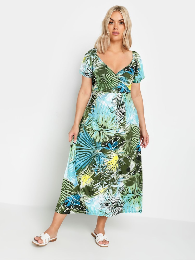 Yours Curve Blue Leaf Print Wrap Maxi Dress - Image 1 of 4