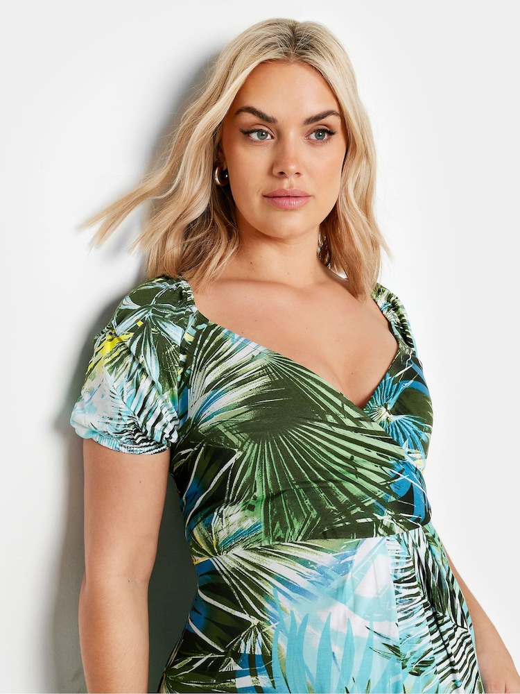 Yours Curve Blue Leaf Print Wrap Maxi Dress - Image 4 of 4
