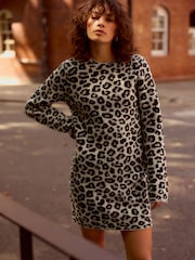 Neutraali - Leopard Eläninkuosi Pitkä hiha Lyhyt lahje Knitted Shift Neulepusero Mekko - Kuva 1 / 6