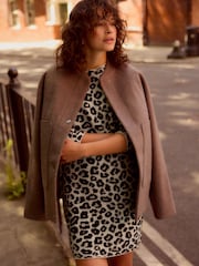 Neutraali - Leopard Eläninkuosi Pitkä hiha Lyhyt lahje Knitted Shift Neulepusero Mekko - Kuva 3 / 6