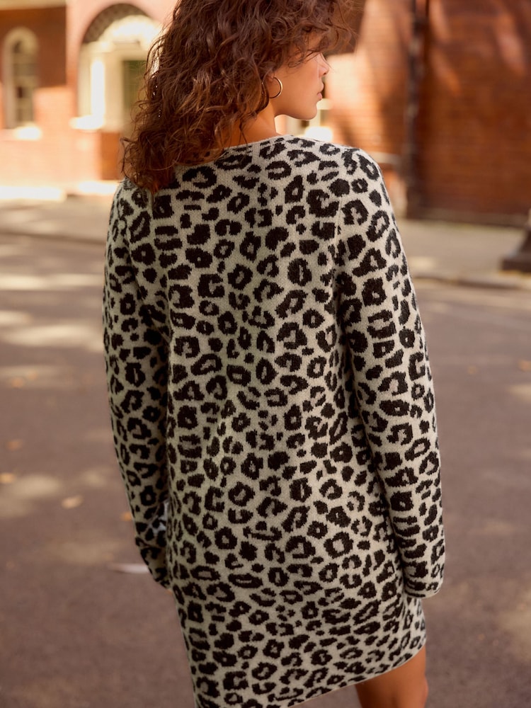 Buy Neutral Leopard Animal Print Long Sleeve Short Knitted Shift