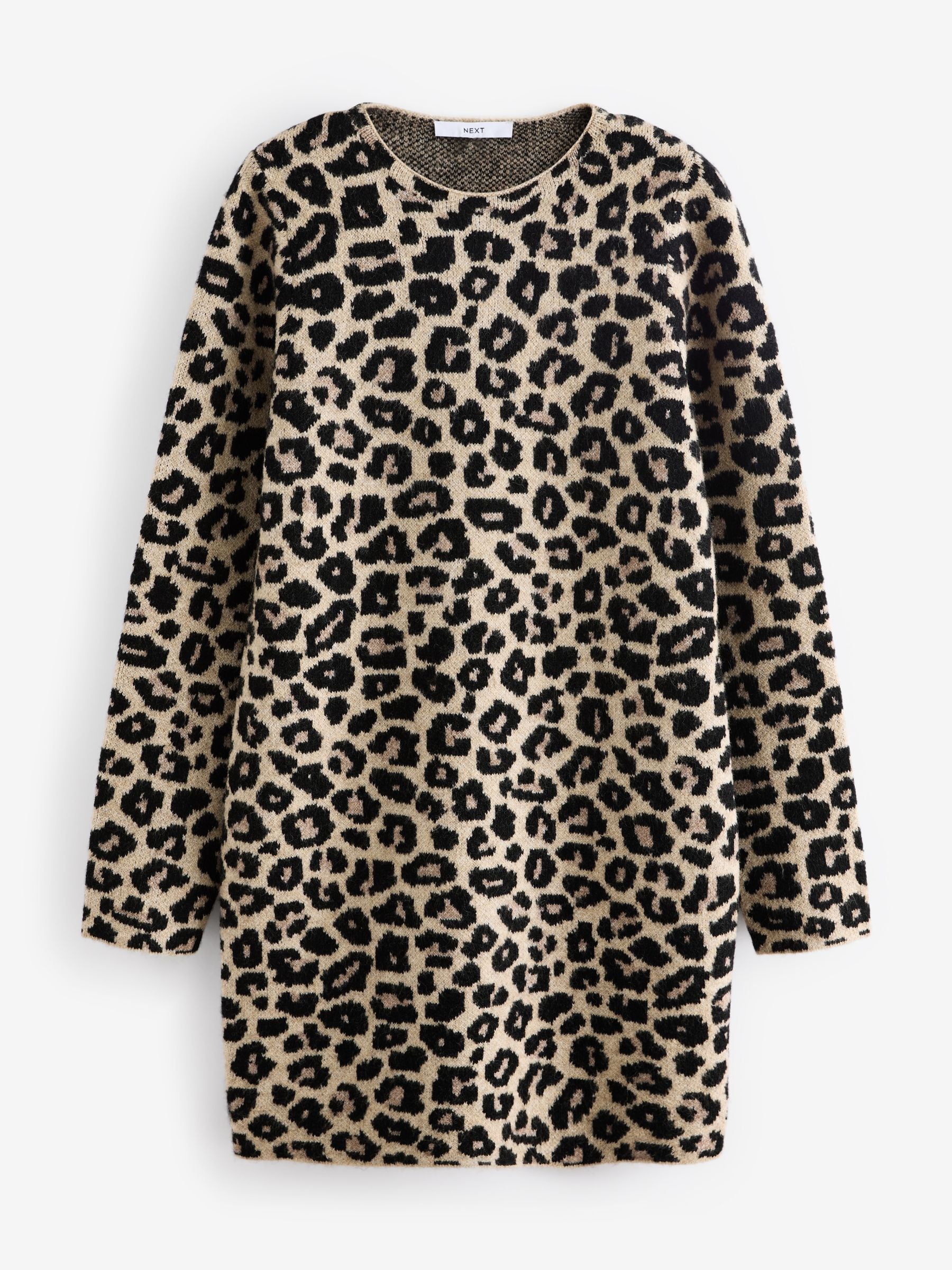 Buy Neutral Leopard Animal Print Long Sleeve Short Knitted Shift Jumper Dress from the Next UK online shop