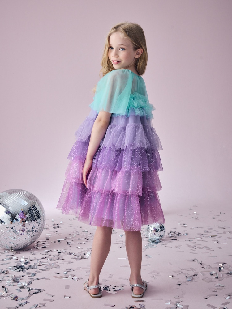 Purple/Blue Tiered Sparkle Mesh Dress (3-12yrs) - Image 2 of 9
