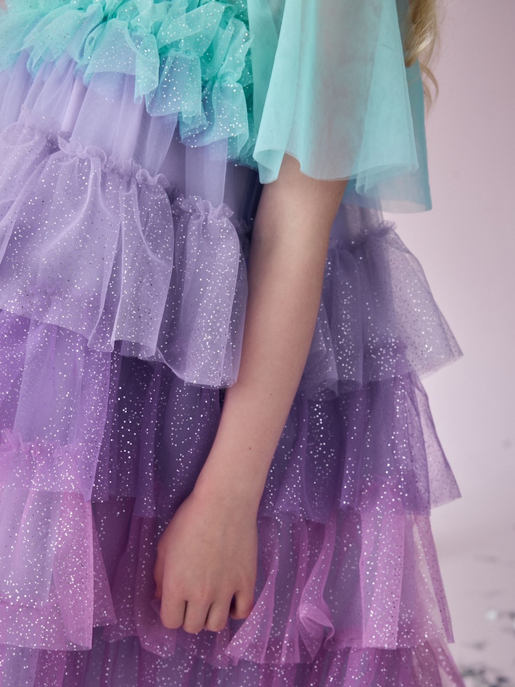 Purple/Blue Tiered Sparkle Mesh Dress (3-12yrs) - Image 5 of 9